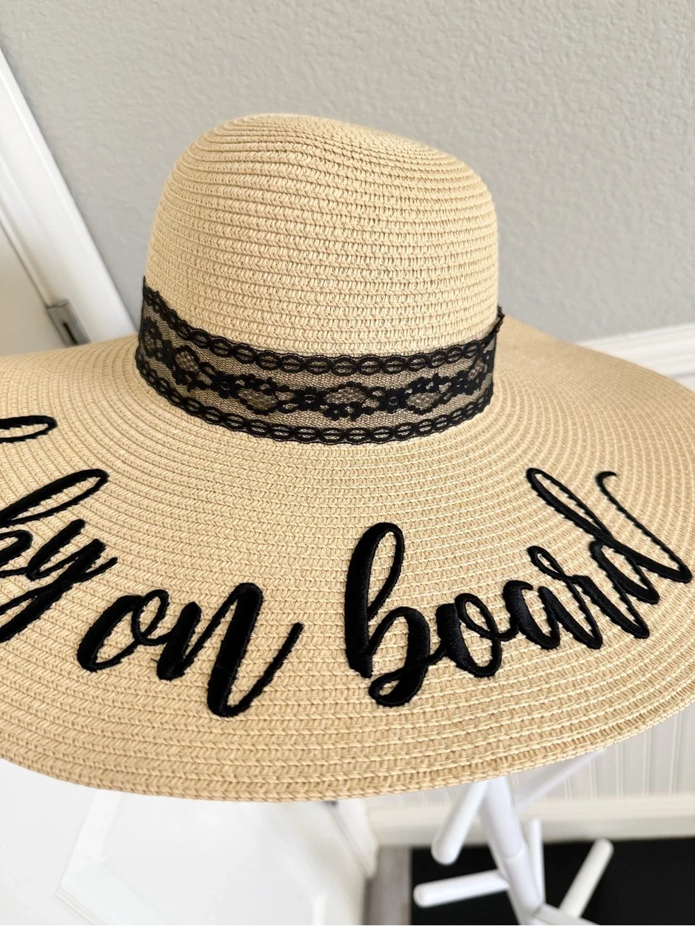 Chic Soul Embroidered “Baby on Board” Wide Brim Floppy Straw Hat | Adjustable